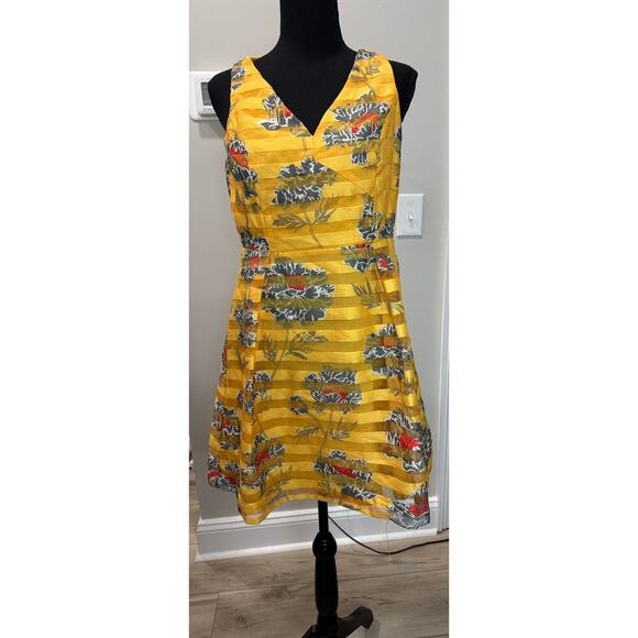 Floral Print Banana Republic Fit Flare Dress Spring Yellow Sheer Stripe Party 6P - Picture 3 of 10